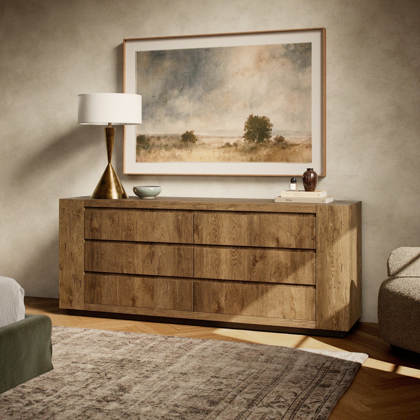 Abaso 6-Drawer Dresser - Rustic Wormwood Oak.