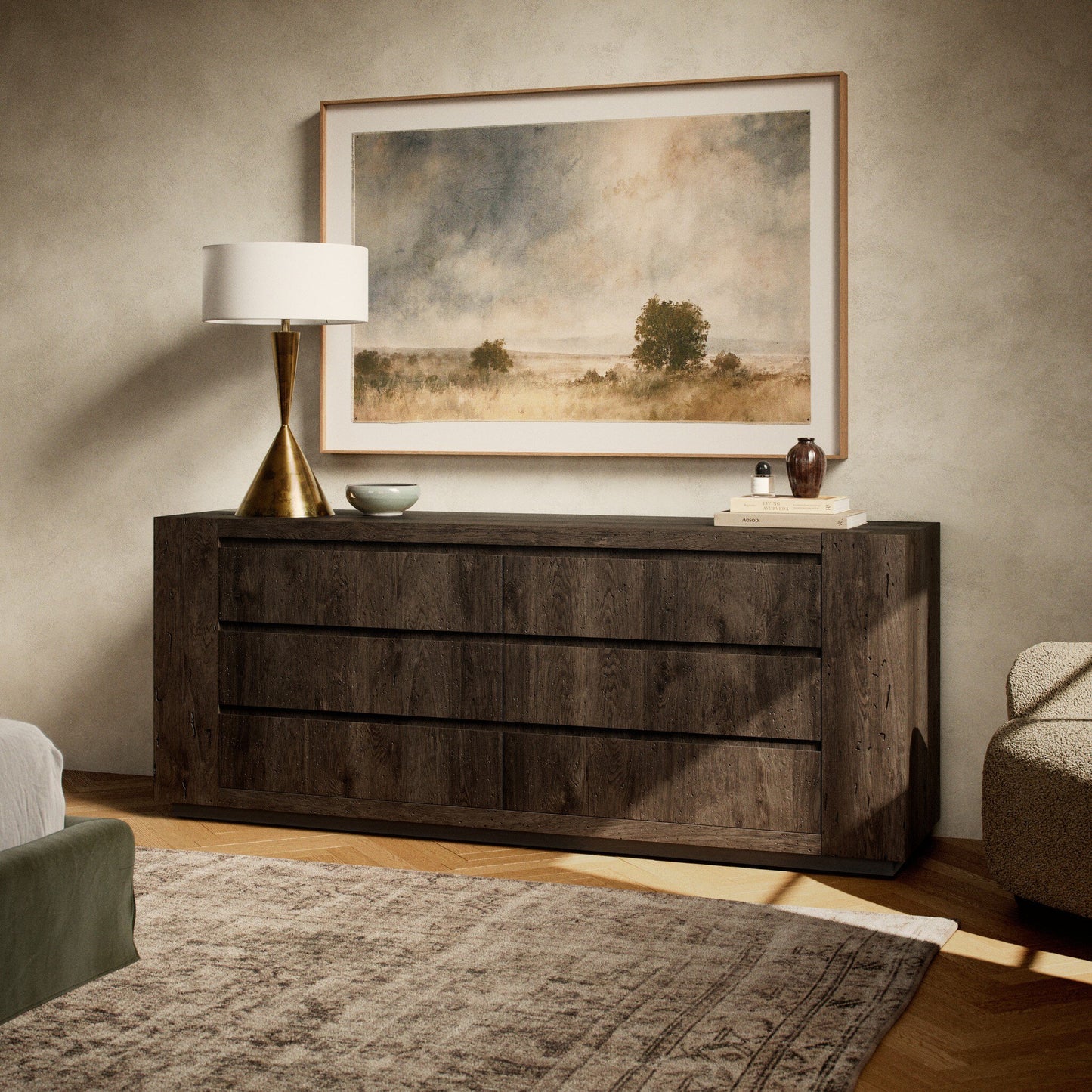Abaso 6-Drawer Dresser - Ebony Rustic Wormwood Oak.