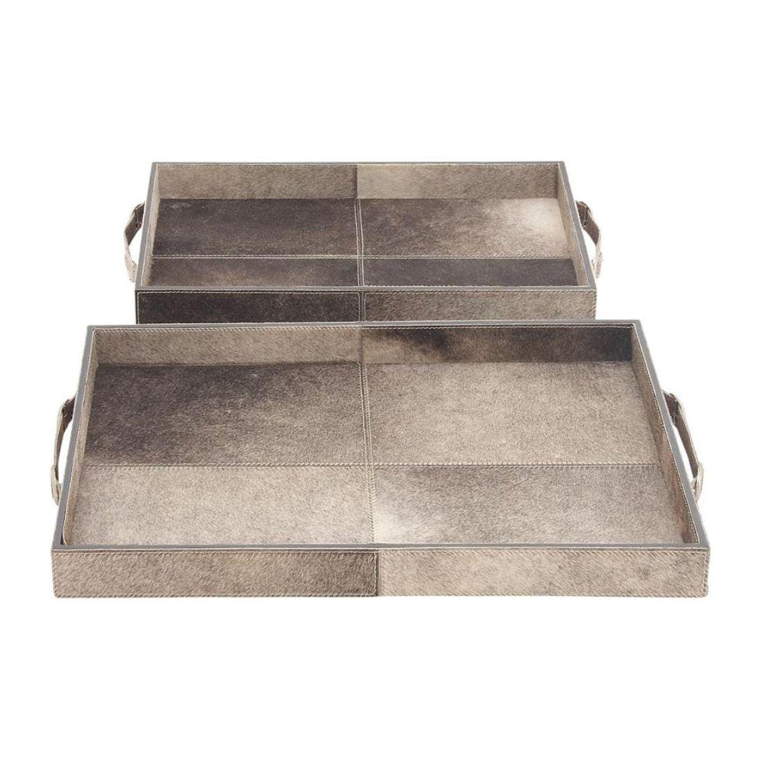 Cowhide Tray with Slot Handles, Set of 2.