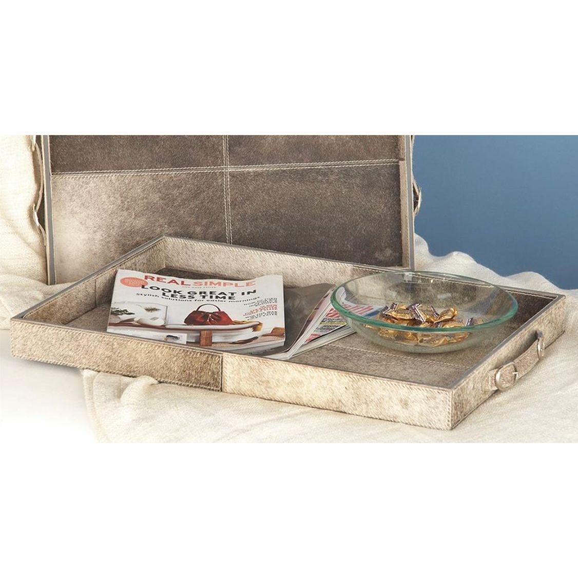 Cowhide Tray with Slot Handles, Set of 2.