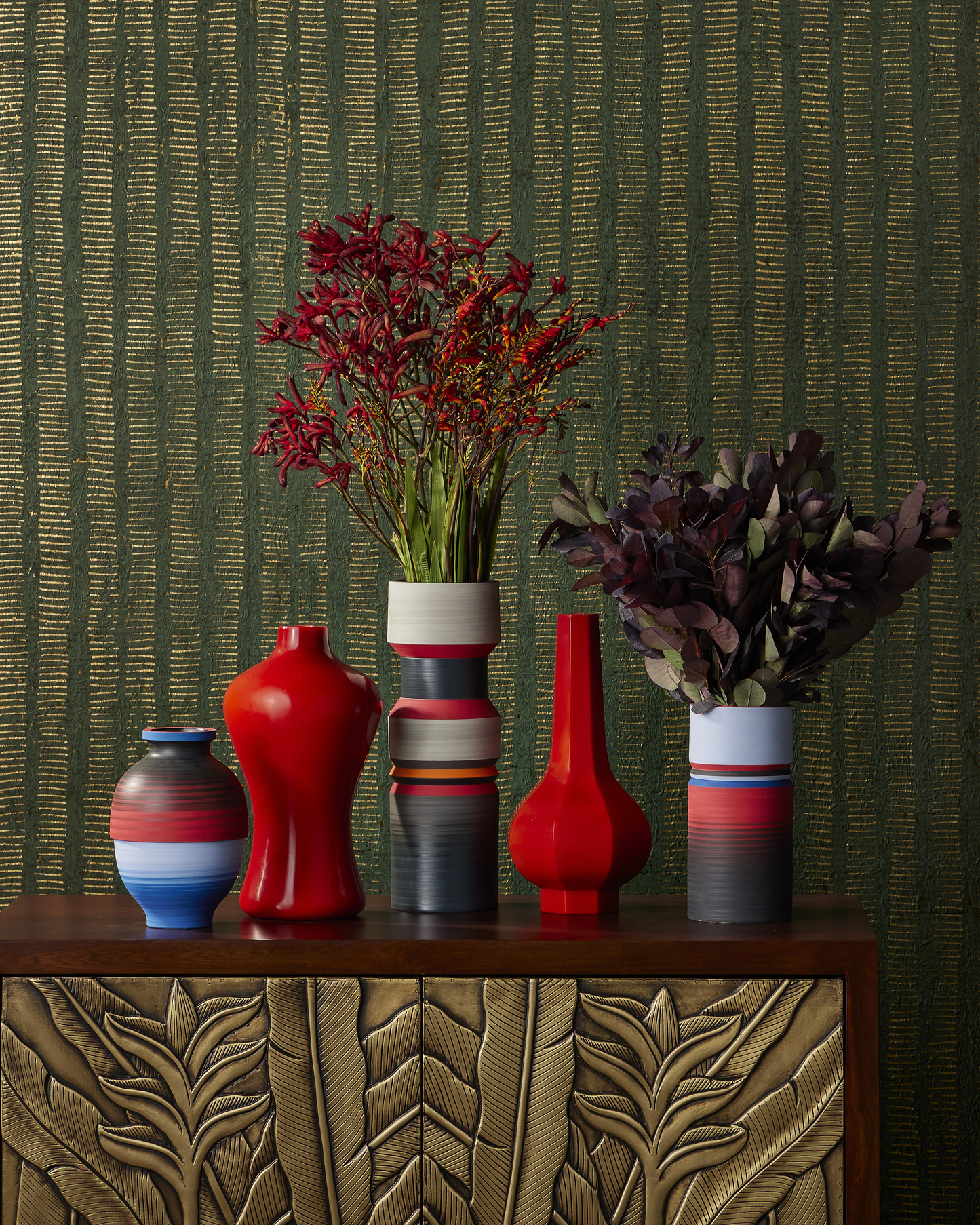 Happy 80's Black, Blue, Red & Orange Vase Set of 3.