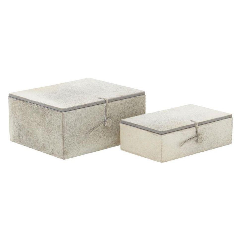 Gray Leather Handmade Box with Hinged Lid, Set of 2.