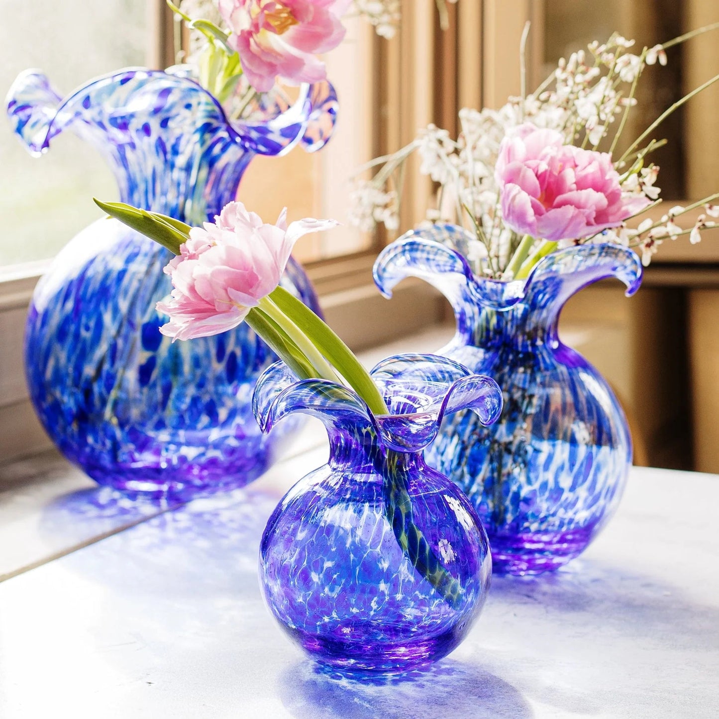 Hibiscus Glass Cobalt Tortoiseshell Bud Fluted Vase.