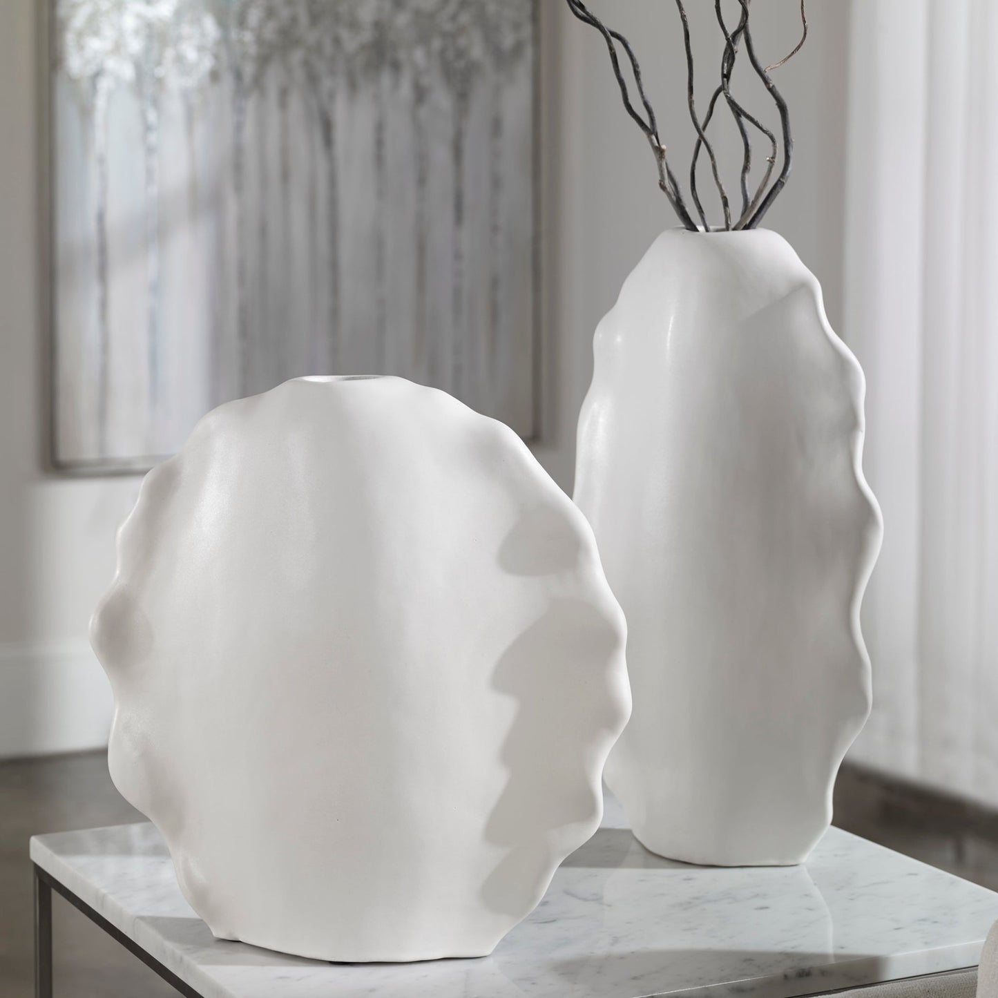 Ruffled Feathers Modern White Vases, S/2.