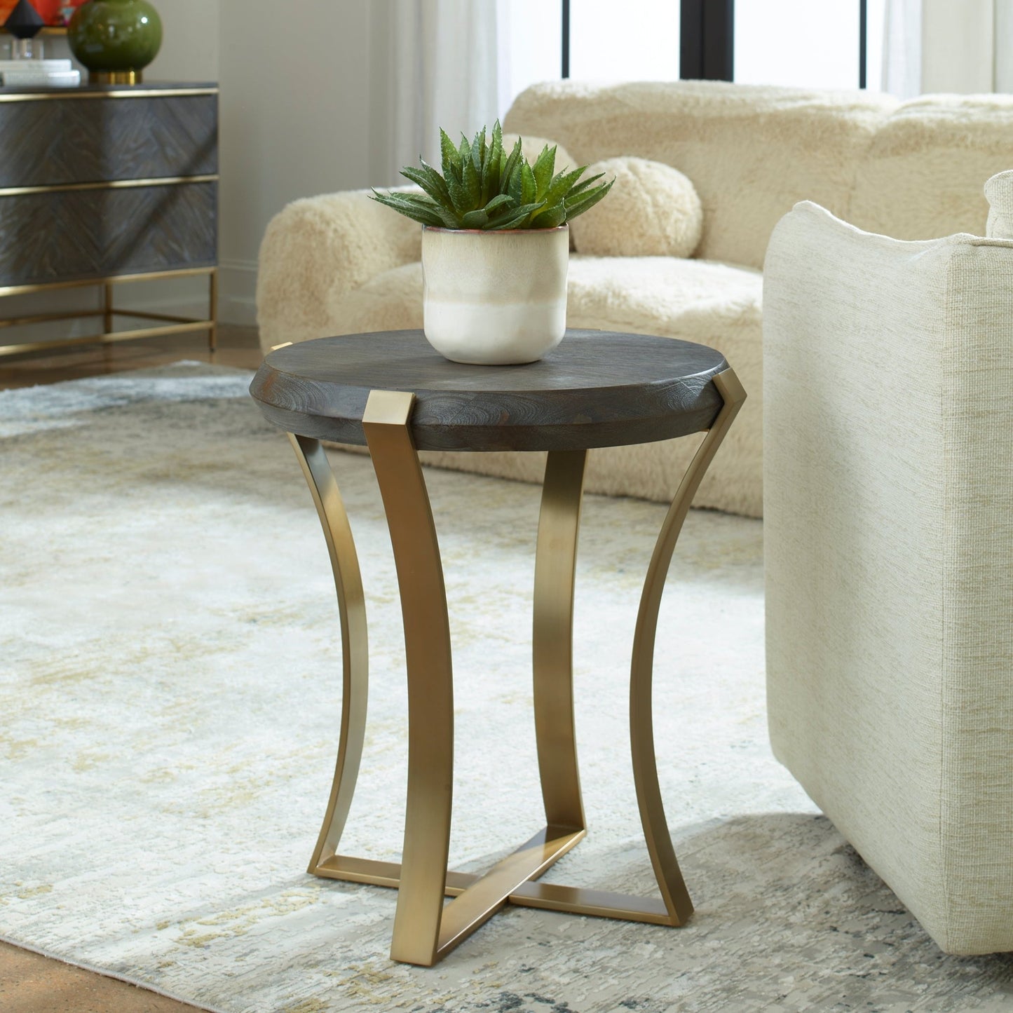 Unite Brass Leg Wood Side Table.
