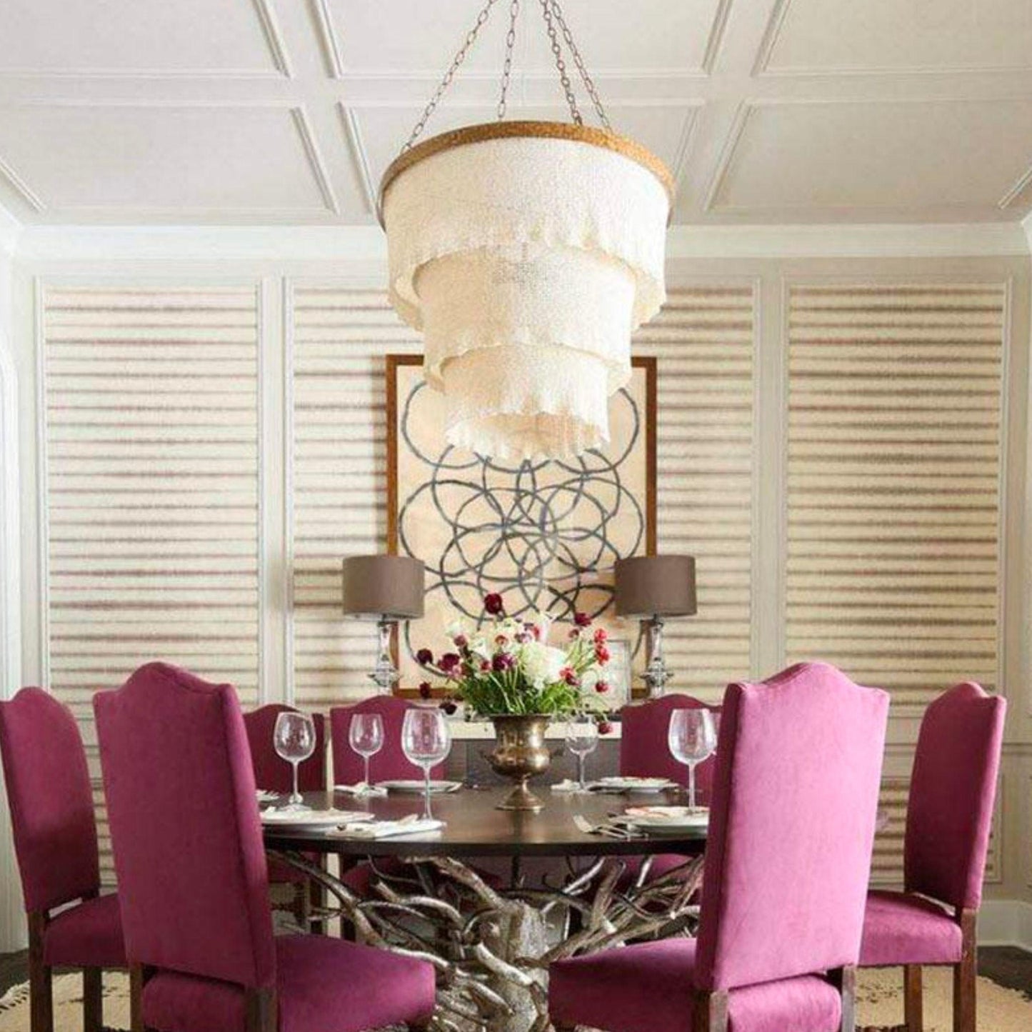 Patricia Round Chandelier, Natural Coco Beads Gold Metal.