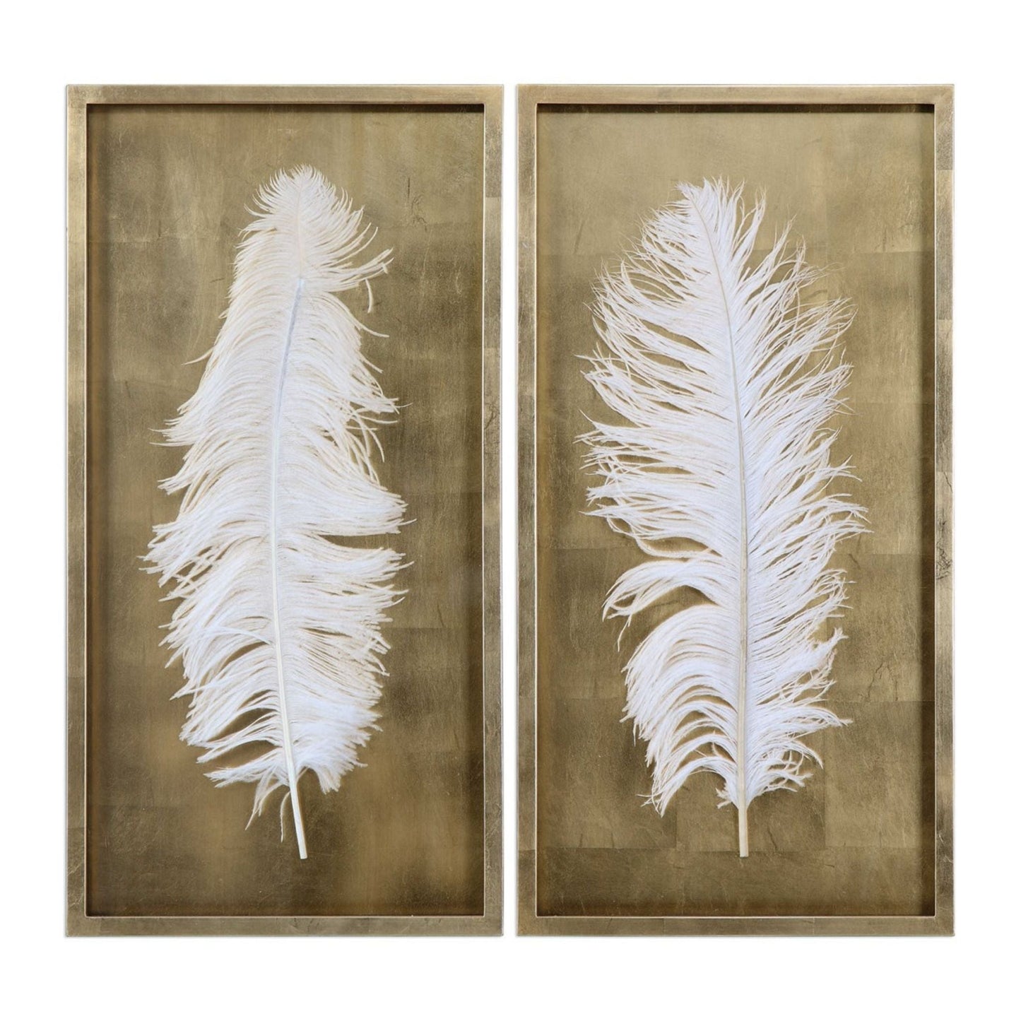 White Feathers Gold Shadow Box, Set of Two.