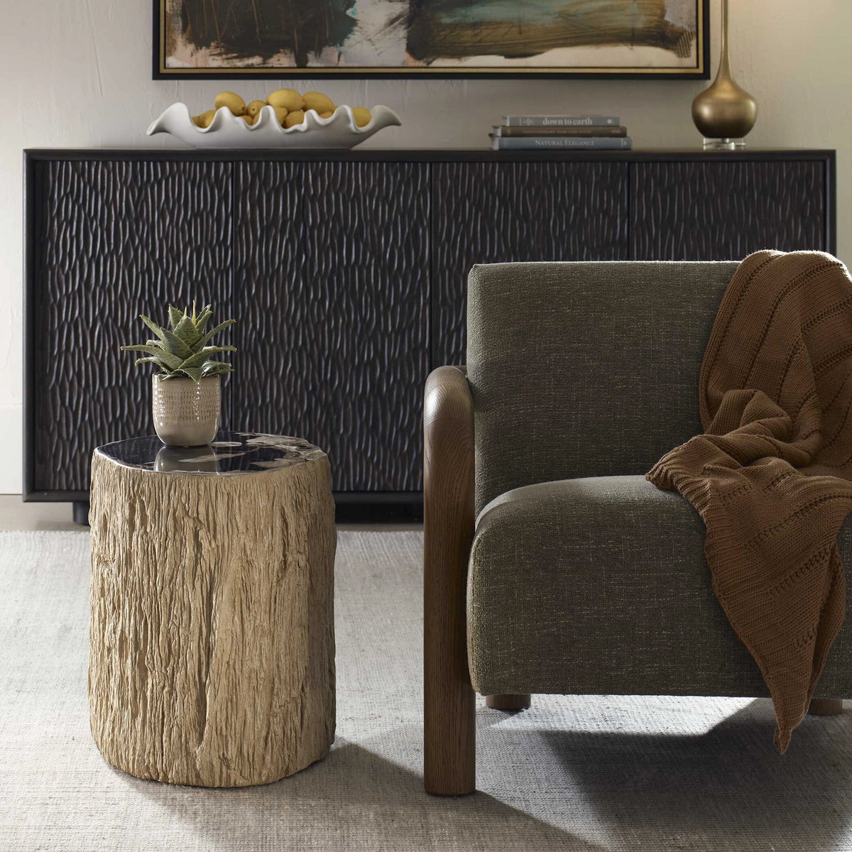 Arco Petrified Wood Top Accent Table