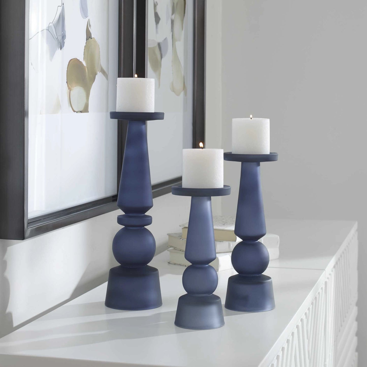 Uttermost Cassiopeia Blue Glass Candleholders Set/3