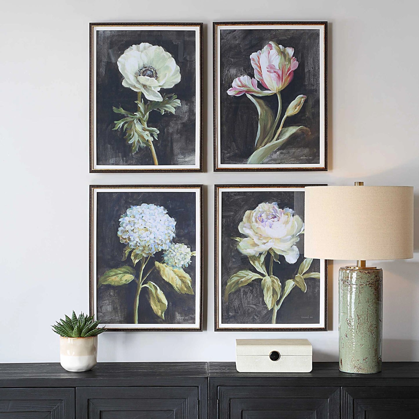 Uttermost Florals On Black Framed Prints Set/4