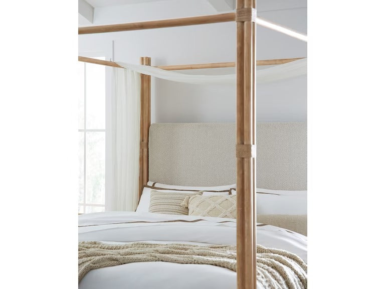 
                      
                        Retreat Pole Rattan Cal King Upholstered Poster Bed withCanopy - Dune.
                      
                    