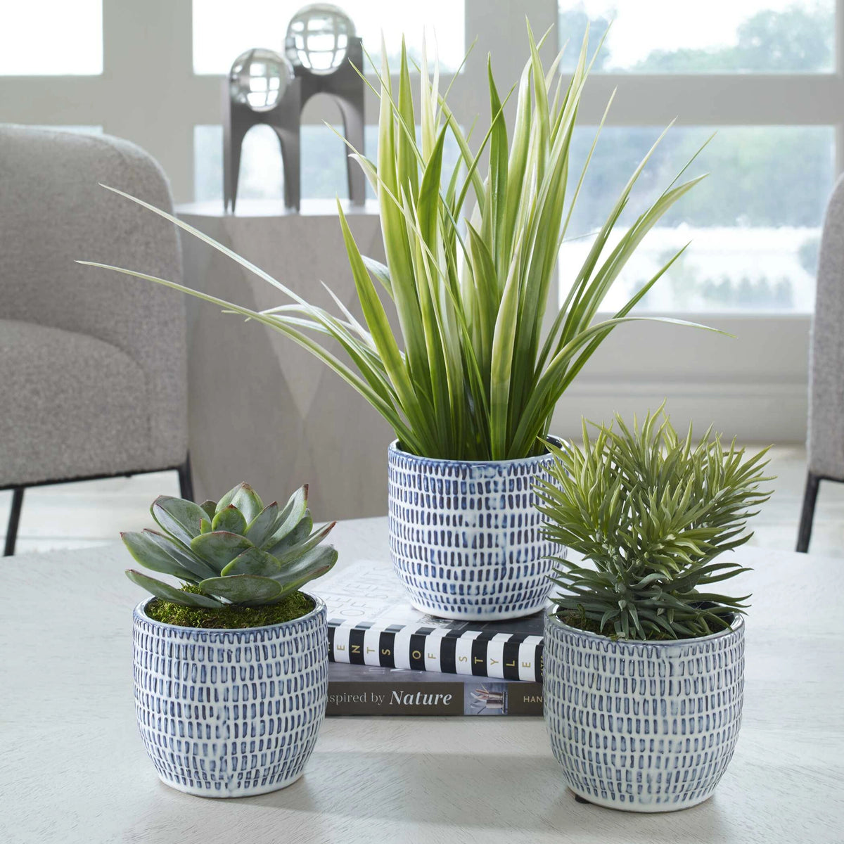 Puebla Greenery In Blue & White Pots Set/3