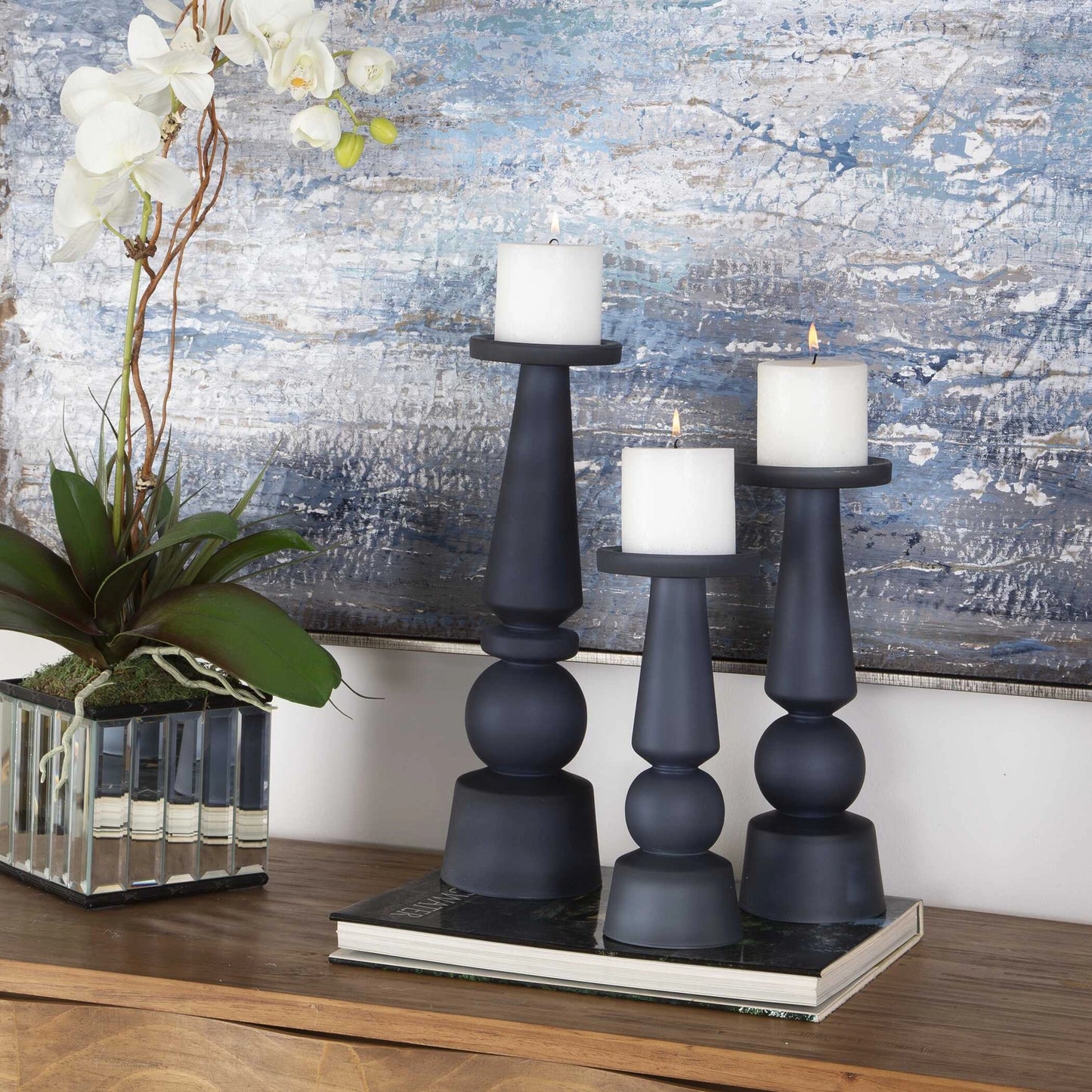 Uttermost Cassiopeia Blue Glass Candleholders Set/3