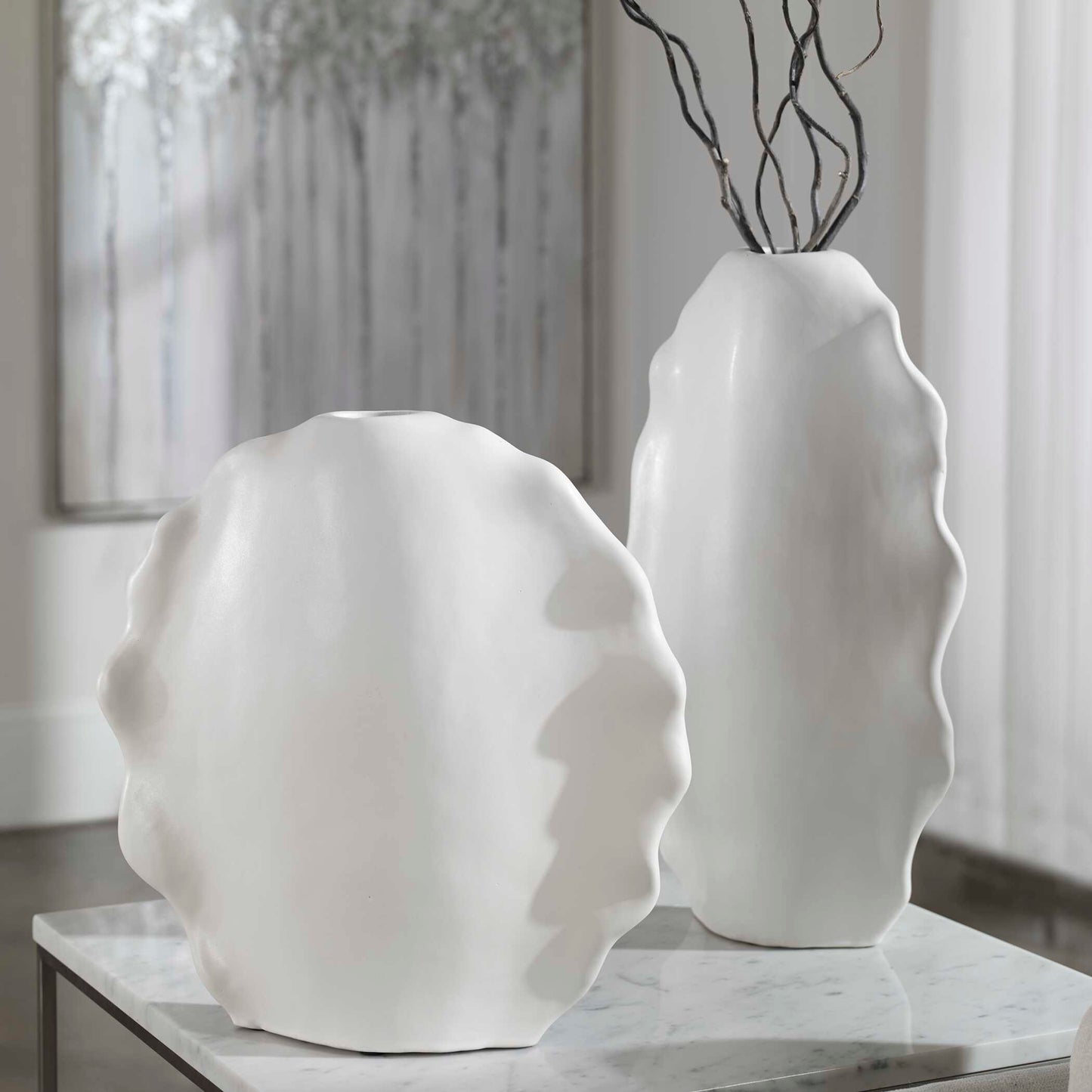 Uttermost Ruffled Feathers Modern White Vases Set/2