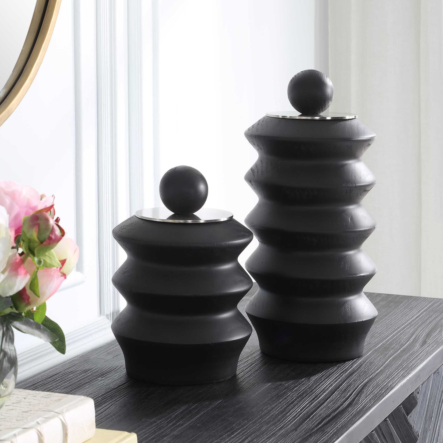 Uttermost Accordion Black Wood Containers Set/2
