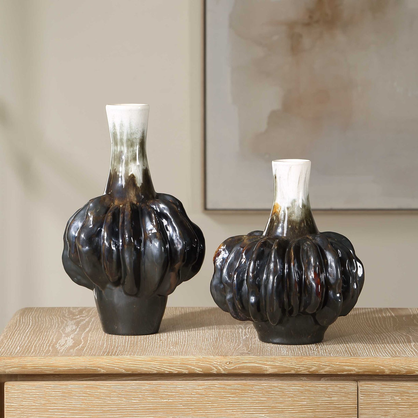 Uttermost Umbrian White & Brown Gourd Vases Set/2