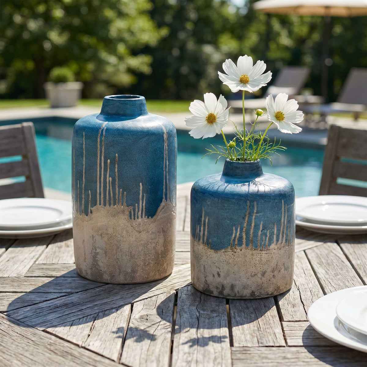 Coastal Cascade Indoor-Outdoor Blue Vases, Set/2