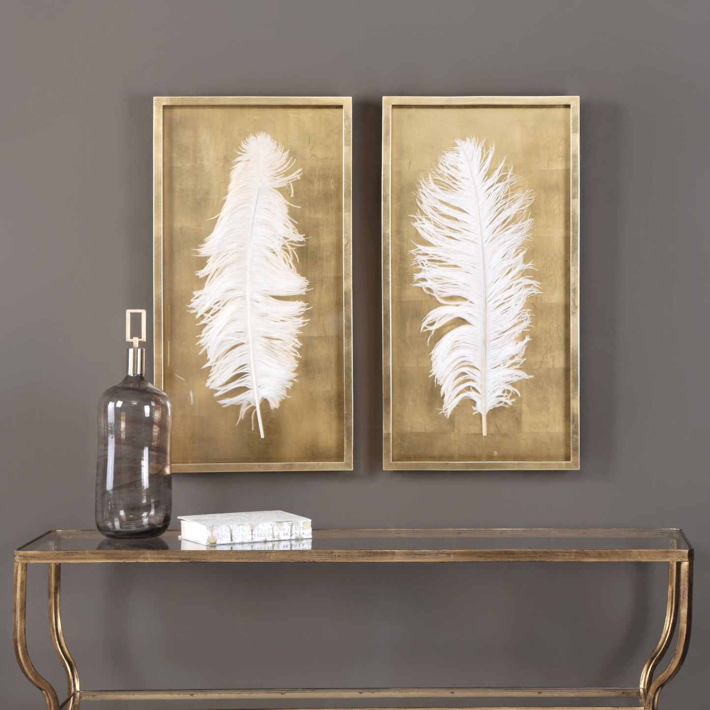 Uttermost White Feathers Gold Shadow Box Set/2