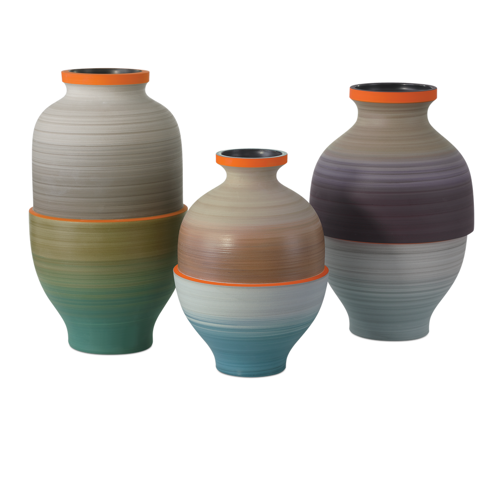 
                      
                        Happy 80's Gray, Beige, Orange & Blue Vase Set of 3.
                      
                    