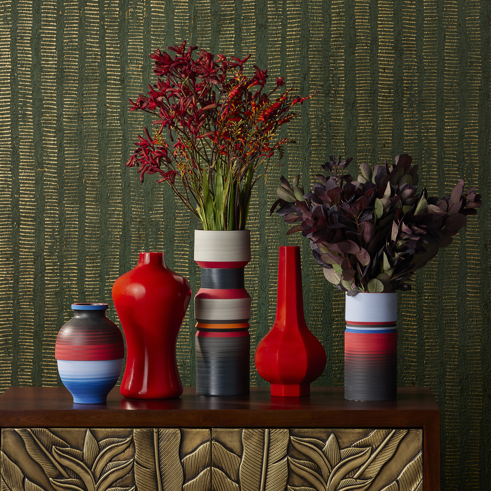 
                      
                        Happy 80's Black, Blue, Red & Orange Vase Set of 3.
                      
                    