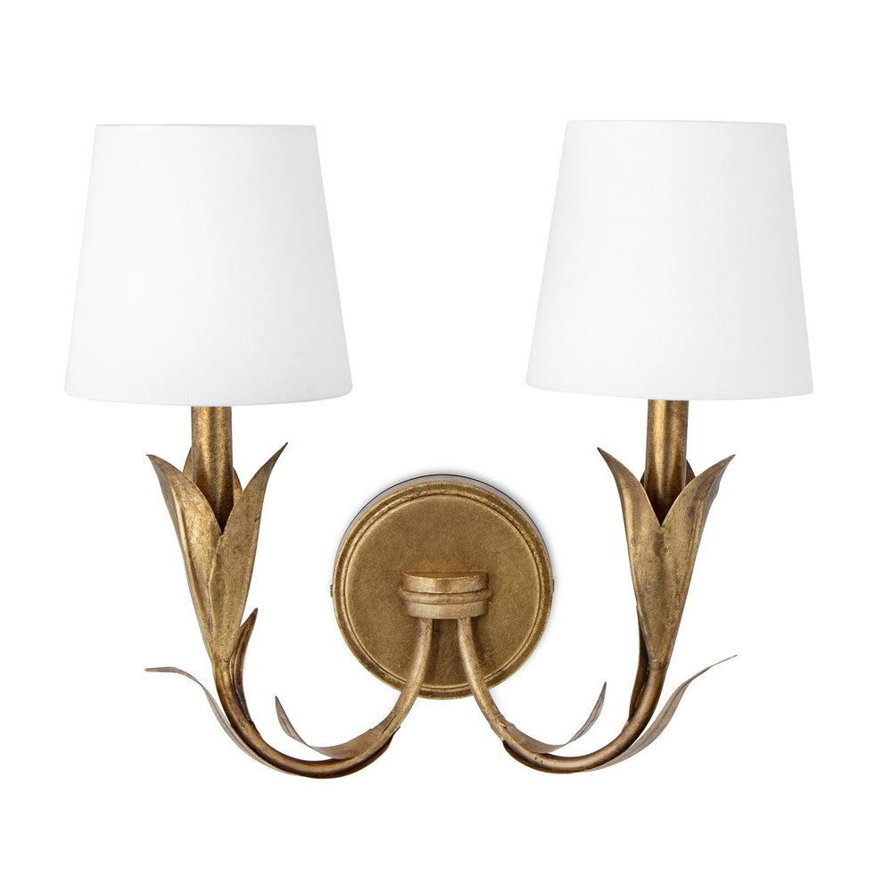 River Reed Sconce Double (Antique Gold Leaf with Natural Linen Shade)