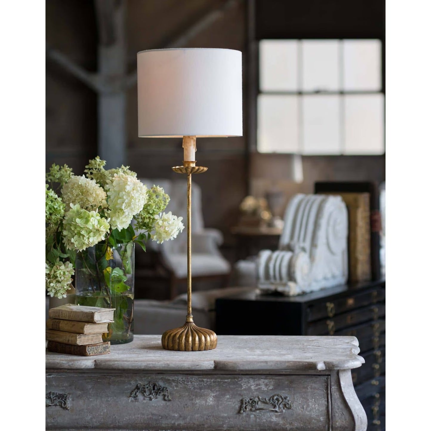Clove Stem Buffet Table Lamp With Natural Linen Shade.