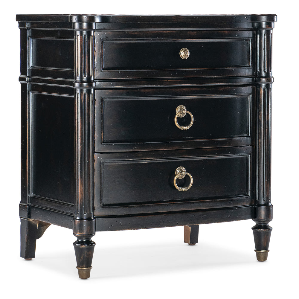 Charleston Three-Drawer Nightstand - Black Cherry.