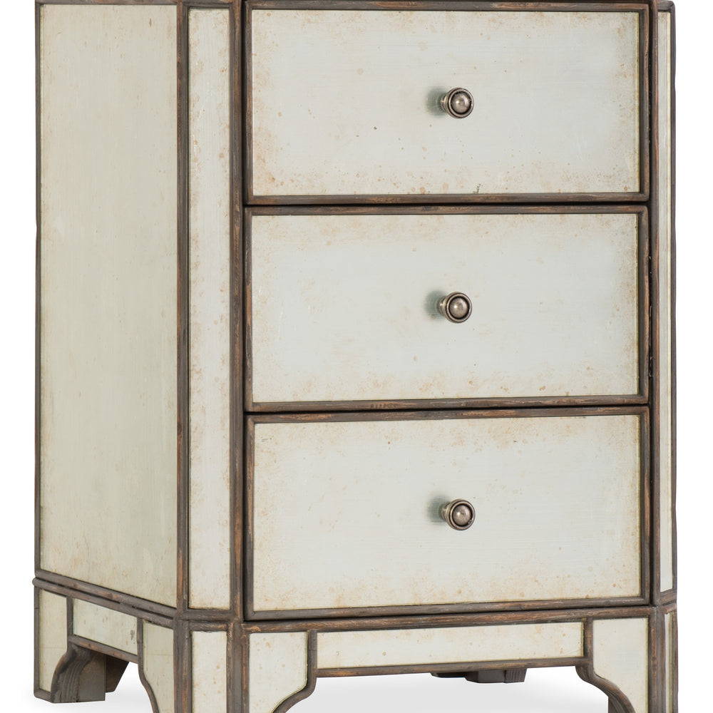 Arabella Mirrored Three-Drawer Nightstand.