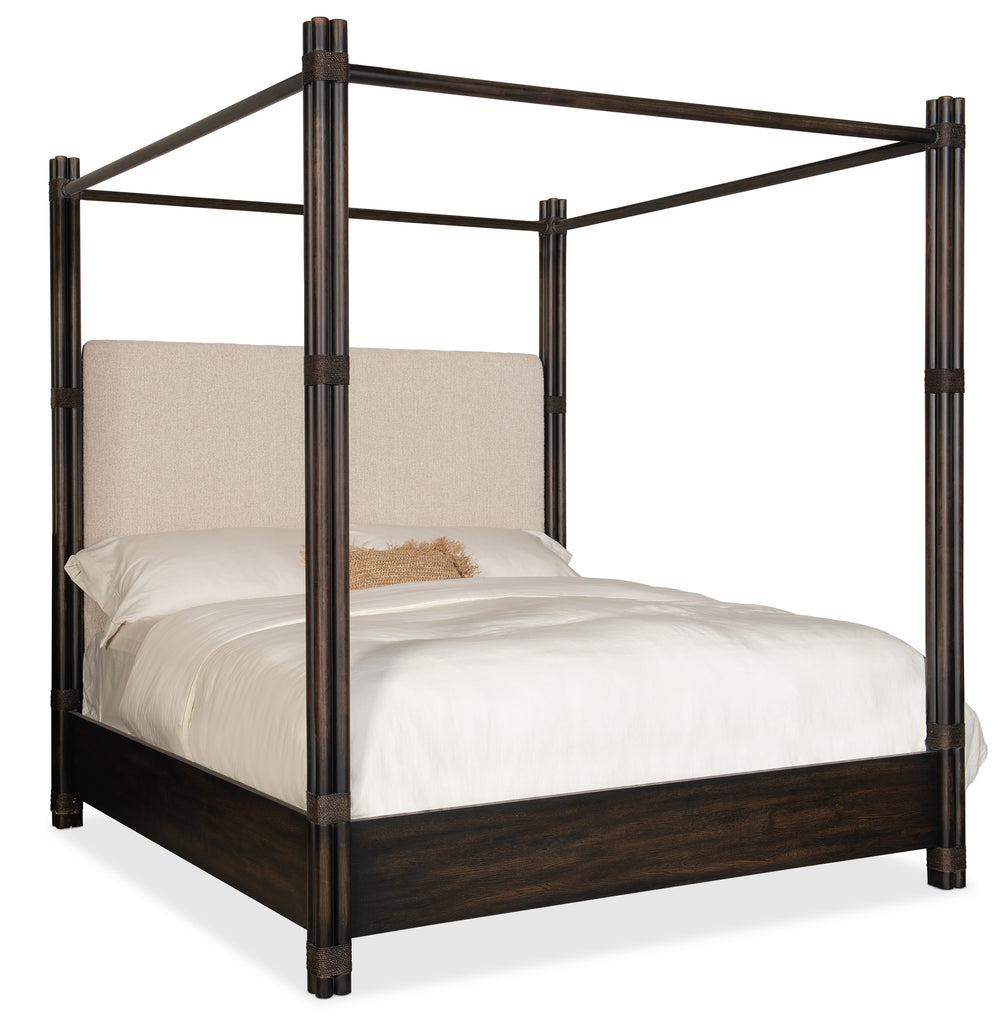 Retreat Pole Rattan Cal King Upholstered Poster Bed withCanopy - Black Sand