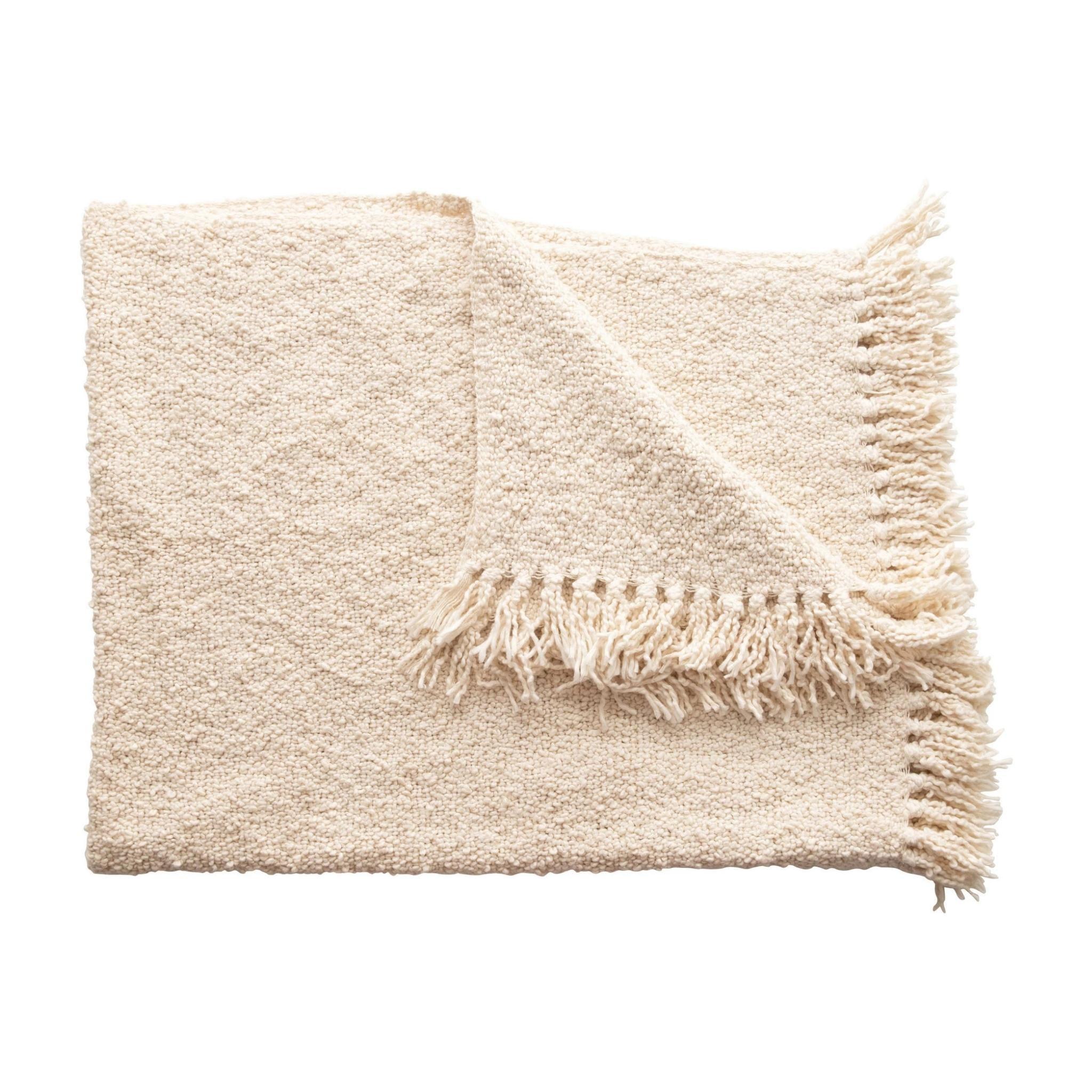 Cotton Blend Boucle Throw with Fringe