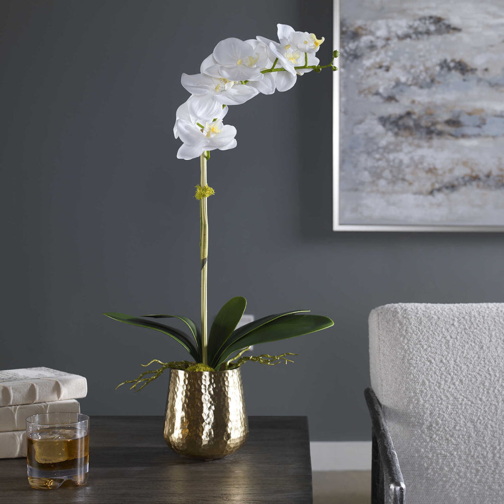 
                
                    Load image into Gallery viewer, Forever Fresh Orchid in Hammered Brass Vase - #shop_name Accessory
                
            