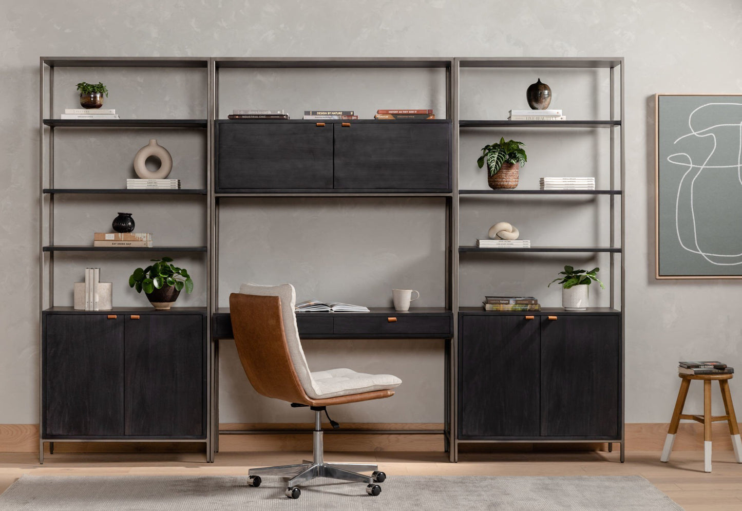 Trey Modular Wall Desk W/ 2 Bookcases - Black Wash Poplar - #shop_name Desks