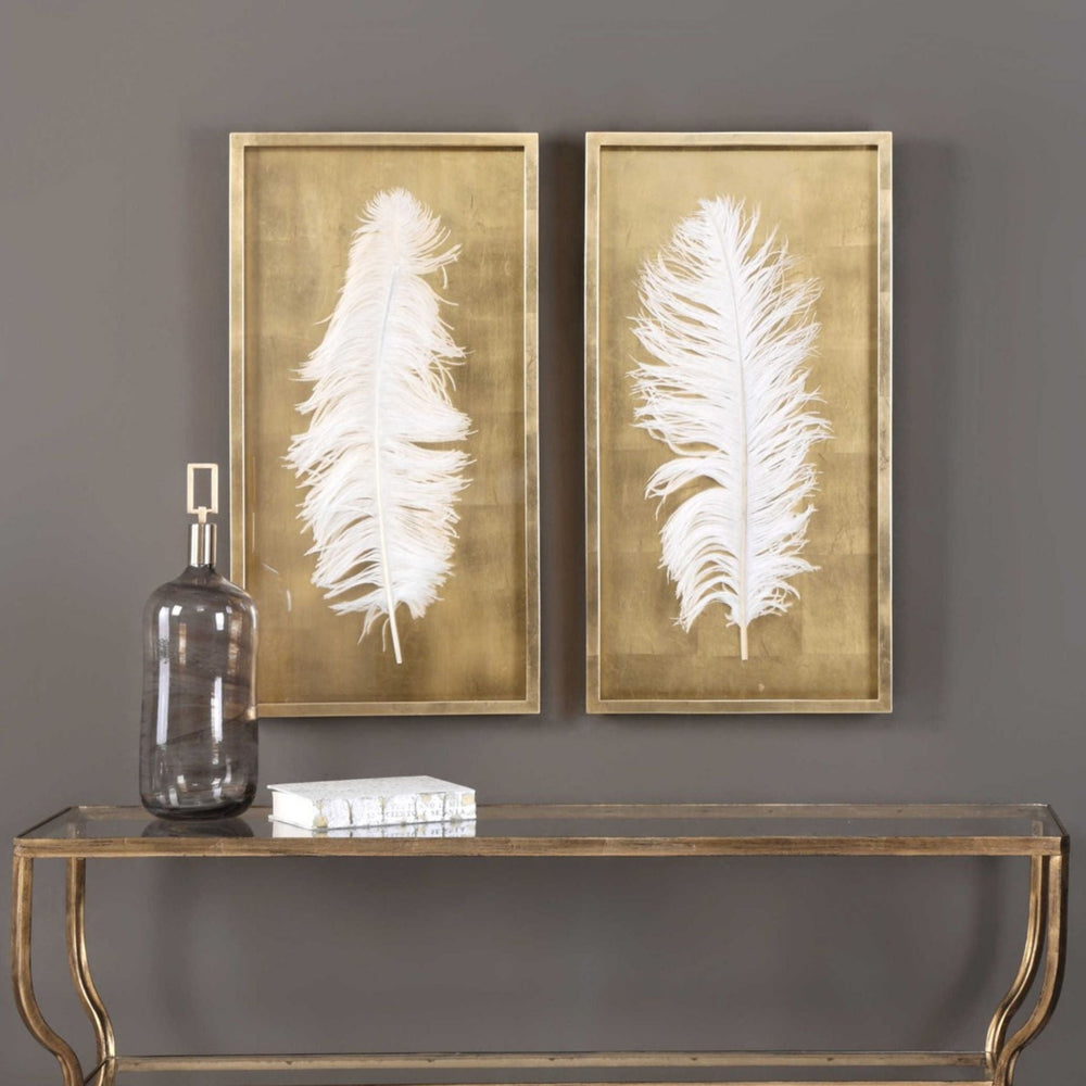 White Feathers Gold Shadow Box, Set of Two - #shop_name Art
