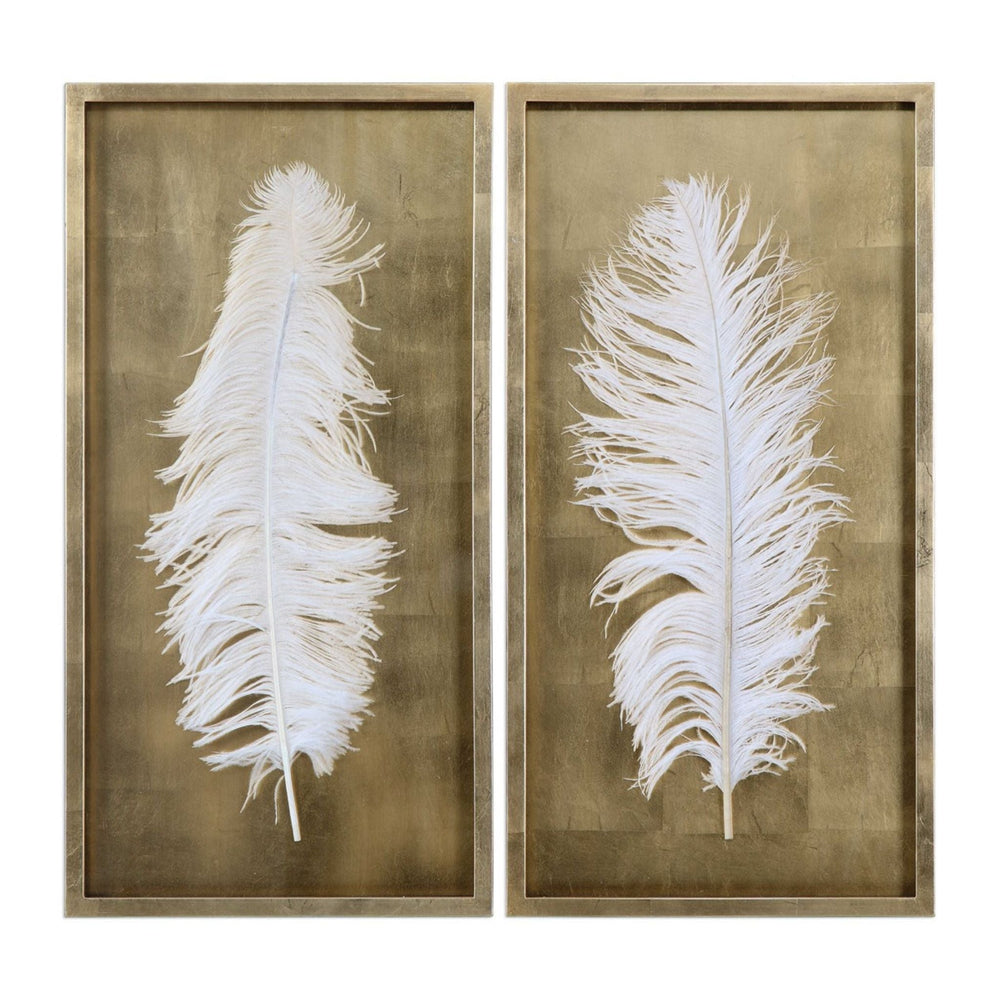 White Feathers Gold Shadow Box, Set of Two - #shop_name Art